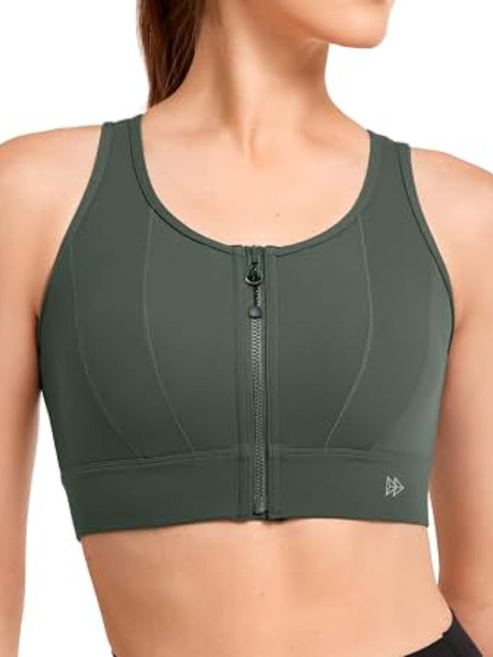 Yvette Front-Zip High Support Dark Olive Green Sports Bra XXXL